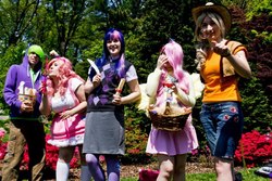 Size: 720x480 | Tagged: safe, artist:amalgam cosplay, artist:blossoming cosplay, artist:kaizoku cosplay, applejack, fluttershy, pinkie pie, spike, twilight sparkle, human, g4, cosplay, irl, irl human, photo