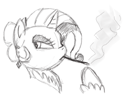 Size: 589x445 | Tagged: safe, artist:tess, rarity, pony, g4, cigarette, cigarette holder, female, monochrome, rendition, smoking, solo