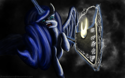 Size: 5040x3150 | Tagged: safe, artist:princesssaros, princess luna, pony, g4, fangs, female, guandao, high res, polearm, solo, weapon