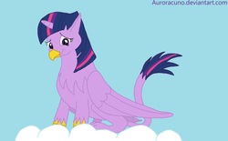 Size: 2364x1466 | Tagged: safe, alternate version, artist:auroracuno, twilight sparkle, griffon, g4, alternate design, cloud, female, griffonized, horn, nervous, signature, sky, solo, species swap