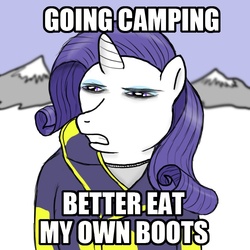 Size: 720x720 | Tagged: safe, artist:jarntazecht, rarity, pony, g4, bear grylls, emergency edible boots, female, solo