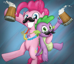 Size: 960x833 | Tagged: dead source, safe, artist:xioade, pinkie pie, spike, dragon, earth pony, pony, g4, 2013, cider, happy new year, moustache