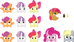 Size: 3000x1696 | Tagged: safe, artist:caffeinejunkie, apple bloom, babs seed, derpy hooves, pinkie pie, scootaloo, sweetie belle, pegasus, pony, g4, one bad apple, crossover, cutie mark crusaders, female, mare, no mouth, no nose, pac-man, simple background, transparent background