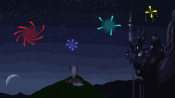 Size: 1192x670 | Tagged: safe, artist:esipode, artist:hermp, oc, oc only, pony, broken wires, canterlot, castle, fireworks, happy new year, moon, mountain, night, sitting, solo, stars