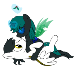 Size: 900x788 | Tagged: safe, artist:zomgitsalaura, oc, oc only, changeling, pegasus, pony, blue changeling, holly, holly mistaken for mistletoe, shipping