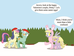 Size: 700x525 | Tagged: safe, artist:feral socks, bon bon, derpy hooves, dinky hooves, lyra heartstrings, sweetie drops, pegasus, pony, competition:derpibooru 2012, g4, christmas, easter, female, hat, hearth's warming, lesbian, mare, santa hat, ship:lyrabon, shipping, valentine's day