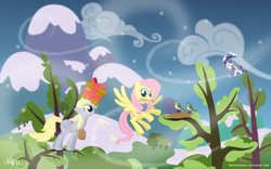 Size: 1920x1200 | Tagged: safe, artist:professorbasil, derpy hooves, fluttershy, rarity, bird, pegasus, pony, g4, clothes, female, mare, present, scarf, umbrella