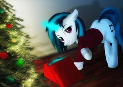 Size: 1400x998 | Tagged: safe, artist:navybrony, dj pon-3, vinyl scratch, pony, g4, christmas tree, clothes, female, present, solo, sweater, tree