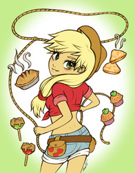 Size: 600x767 | Tagged: safe, artist:christinies, applejack, human, g4, apple pie, candy apple, clothes, cupcake, female, food, front knot midriff, humanized, lasso, looking back, midriff, pie, rope, shorts, solo
