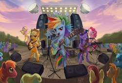 Size: 1280x876 | Tagged: safe, artist:magistra, applejack, big macintosh, fluttershy, pinkie pie, rainbow dash, rarity, twilight sparkle, earth pony, pony, g4, awesome face, band, concert, male, musical instrument, painting, rock (music), stallion