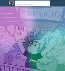 Size: 1000x1100 | Tagged: safe, artist:madmax, princess luna, alicorn, earth pony, pony, unicorn, madmax silly comic shop, g4, album cover, band shirt, comic, concert, female, hipgnosis, mare, pink floyd, the dark side of the moon