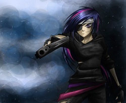 Size: 4284x3507 | Tagged: safe, artist:tao-mell, twilight sparkle, human, g4, clothes, eyepatch, female, fingerless gloves, future twilight, gloves, gun, handgun, humanized, looking at you, metal gear, pistol, solid sparkle, solo