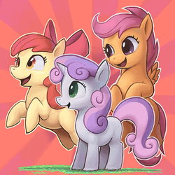 Size: 400x400 | Tagged: safe, artist:lyc, apple bloom, scootaloo, sweetie belle, earth pony, pegasus, pony, unicorn, g4, bow, cutie mark crusaders, female, filly, hair bow, open mouth, pixiv