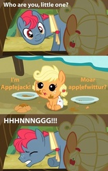 Size: 500x792 | Tagged: safe, edit, edited screencap, screencap, apple split, applejack, earth pony, pony, apple family reunion, g4, apple family member, baby, baby pony, babyjack, comic, female, heart attack, male, stallion, younger