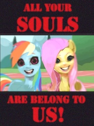 Size: 1288x1722 | Tagged: safe, fluttershy, rainbow dash, g4, all your base are belong to us, creepy, engrish, image macro, meme, nightmare fuel, uncanny valley, your soul is mine