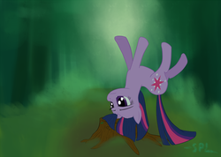 Size: 1024x729 | Tagged: safe, artist:superlagg, twilight sparkle, pony, g4, annoyed, female, horn, solo, stuck, tree stump, upside down