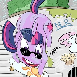 Size: 894x894 | Tagged: safe, artist:horny-eunuchorn, twilight sparkle, g4, graffiti, new lunar republic, rebel, skateboard, totally radical