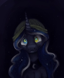 Size: 799x977 | Tagged: safe, artist:ferrettea, princess luna, pony, g4, beanie, dark, female, hat, heterochromia, solo, wingding eyes