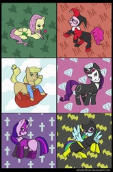 Size: 3898x5906 | Tagged: safe, artist:elizabethcat, applejack, fluttershy, pinkie pie, rainbow dash, rarity, twilight sparkle, earth pony, pegasus, pony, unicorn, g4, batgirl, crossover, dc comics, harley quinn, huntress, mane six, parody, poison ivy, supergirl, superhero, superhero costume, supervillain, unicorn twilight