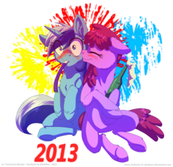 Size: 900x866 | Tagged: safe, artist:inuhoshi-to-darkpen, berry punch, berryshine, minuette, earth pony, pony, unicorn, g4, 2013, blushing, chest fluff, female, happy new year, lesbian, mare, ship:berrygate, shipping, simple background, transparent background