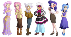 Size: 2425x1252 | Tagged: safe, artist:ric-m, fleur-de-lis, fluttershy, gilda, photo finish, princess luna, rarity, human, g4, bare shoulders, clothes, dress, evening gloves, female, glasses, gloves, hand in pocket, humanized, long gloves, simple background, strapless, transparent background