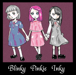 Size: 1160x1152 | Tagged: safe, artist:kutakoru, limestone pie, marble pie, pinkie pie, human, g4, group photo, holding hands, humanized, pie sisters, pinkamena diane pie, trio, younger