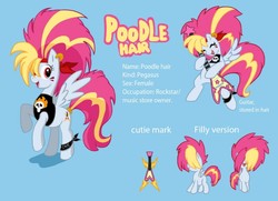 Size: 800x578 | Tagged: safe, artist:lordstevie, oc, oc only, oc:poodle hair, pegasus, pony, 80s, description is artwork too, electric guitar, filly, guitar, multicolored mane, musical instrument, rocker, skull, solo, text