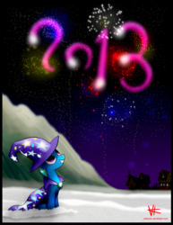 Size: 2680x3480 | Tagged: safe, artist:unitoone, trixie, pony, unicorn, g4, 2013, cape, clothes, female, fireworks, happy new year, hat, holiday, looking up, mare, night, sitting, snow, solo