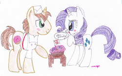 Size: 771x482 | Tagged: safe, artist:lovelye, donut joe, rarity, g4, blushing, female, male, rarijoe, shipping, straight, traditional art