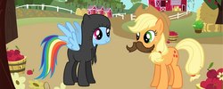 Size: 694x277 | Tagged: safe, gameloft, applejack, rainbow dash, earth pony, pegasus, pony, g4, my little pony: magic princess, official, apple, clothes, duo, duo female, facial hair, female, food, mare, moustache, sweet apple acres