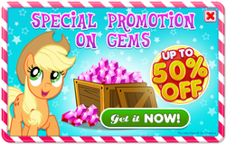 Size: 437x278 | Tagged: safe, gameloft, applejack, earth pony, pony, g4, official, advertisement, crate, discount, facebook, female, gem, mare, solo