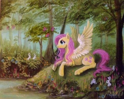 Size: 994x793 | Tagged: safe, artist:policide, fluttershy, butterfly, pegasus, pony, rabbit, g4, acrylic painting, animal, female, flower, forest, lying down, mare, nature, painting, prone, river, scenery, solo, spread wings, stream, traditional art, water, wings