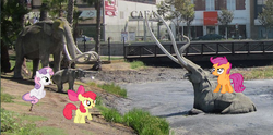 Size: 801x398 | Tagged: safe, apple bloom, scootaloo, sweetie belle, mammoth, g4, cutie mark crusaders, irl, la brea tar pits, los angeles, photo, ponies in real life, tar pit