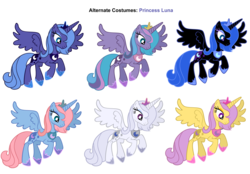 Size: 3600x2500 | Tagged: safe, artist:pika-robo, nightmare moon, princess luna, princess royal blue, princess starburst, princess tiffany, alicorn, pony, g1, g4, alternate clothes, female, g1 to g4, generation leap, hoof shoes, mare, palette swap, peytral, princess, princess ponies, recolor, s1 luna, simple background, spread wings, transparent background, vector, wings