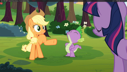 Size: 1920x1080 | Tagged: safe, screencap, applejack, spike, twilight sparkle, dragon, earth pony, pony, g4, spike at your service, behaving like a dog, female, male, mare, missing cutie mark, out of context, raised leg