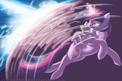 Size: 1200x800 | Tagged: safe, artist:nos-talgia, spike, twilight sparkle, dragon, pony, g4, dragons riding ponies, duo, magic, riding, spike riding twilight