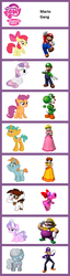 Size: 597x2335 | Tagged: safe, apple bloom, diamond tiara, pipsqueak, scootaloo, silver spoon, snails, snips, sweetie belle, birdo, yoshi, g4, comparison chart, crossover, luigi, male, mario, meme, princess daisy, princess peach, super mario bros., super mario land, waluigi, wario