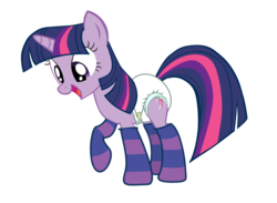Size: 900x659 | Tagged: safe, artist:cupcakescankill, twilight sparkle, pony, unicorn, g4, clothes, diaper, female, looking down, mare, non-baby in diaper, open mouth, raised hoof, raised leg, simple background, smiling, socks, solo, striped socks, transparent background, vector