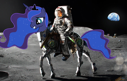 Size: 1222x776 | Tagged: safe, edit, princess luna, human, pony, robot, robot pony, g4, american presidents, astronaut, bad edit, earth, humans riding ponies, john f. kennedy, luna and the nauts, moon, on the moon, president, riding, smoking, space, wat, wheatley