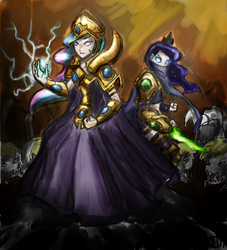 Size: 906x1000 | Tagged: safe, artist:johnjoseco, artist:michos, princess celestia, princess luna, human, protoss, zergling, g4, crossover, dark templar, humanized, starcraft, starcraft 2