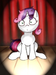 Size: 720x960 | Tagged: safe, artist:paws-prints, artist:psychodragoncat, sweetie belle, g4, female, filly, foal, shrunken pupils, sitting, spotlight, stage, stage fright