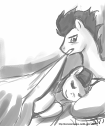 Size: 667x800 | Tagged: safe, artist:johnjoseco, soarin', twilight sparkle, pegasus, pony, unicorn, g4, bed, blushing, covering, eyes closed, female, grayscale, male, mare, monochrome, mouth hold, pillow, sheet, shipping, simple background, sleeping, smiling, soarlight, stallion, straight, tucking in, white background