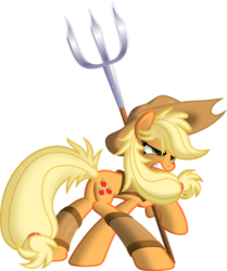 Size: 2988x3581 | Tagged: safe, artist:itchykitchy, applejack, earth pony, pony, g4, female, lidded eyes, simple background, solo, transparent background, trident, weapon