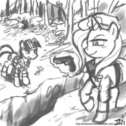 Size: 800x800 | Tagged: safe, artist:johnjoseco, trixie, twilight sparkle, g4, crossover, grayscale, gun, konami, metal gear, metal gear solid 3, monochrome, naked snake, pistol, revolver ocelot