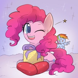 Size: 500x500 | Tagged: safe, artist:keterok, pinkie pie, rainbow dash, g4, clothes, cute, diapinkes, mittens, open mouth, present, socks, solo focus, stars, wink