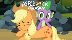 Size: 854x475 | Tagged: safe, edit, edited screencap, screencap, applejack, spike, dragon, earth pony, pony, comic:applejack season, g4, spike at your service, back scratching, butt touch, female, hand on butt, male, mare, massage, out of context, petting, rump scritches, ship:applespike, shipping, straight