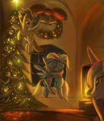Size: 1545x1800 | Tagged: safe, artist:grissaecrim, derpy hooves, princess cadance, spitfire, trixie, pegasus, pony, competition:derpibooru 2012, g4, bells, christmas, christmas tree, female, fire, holiday, hug, interior, mare, tree, wreath