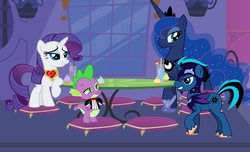 Size: 3863x2356 | Tagged: safe, artist:pantera000, princess luna, rarity, spike, oc, g4, canon x oc, fire ruby, ship:sparity, shipping