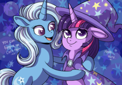 Size: 929x650 | Tagged: safe, artist:catsncupcakes, trixie, twilight sparkle, pony, unicorn, g4, accessory swap, brooch, cape, clothes, duo, duo female, female, hat, horn, jewelry, looking up, mare, open mouth, open smile, smiling, the great and powerful, the great and powerful twilight, trixie's brooch, trixie's cape, trixie's hat, unicorn twilight