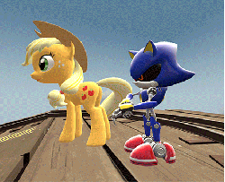Size: 442x360 | Tagged: source needed, safe, artist:chaotrix, applejack, pony, robot, g4, 3d, animated, bucking, butt, crossover, male, metal sonic, ouch, plot, sonic the hedgehog, sonic the hedgehog (series), source filmmaker